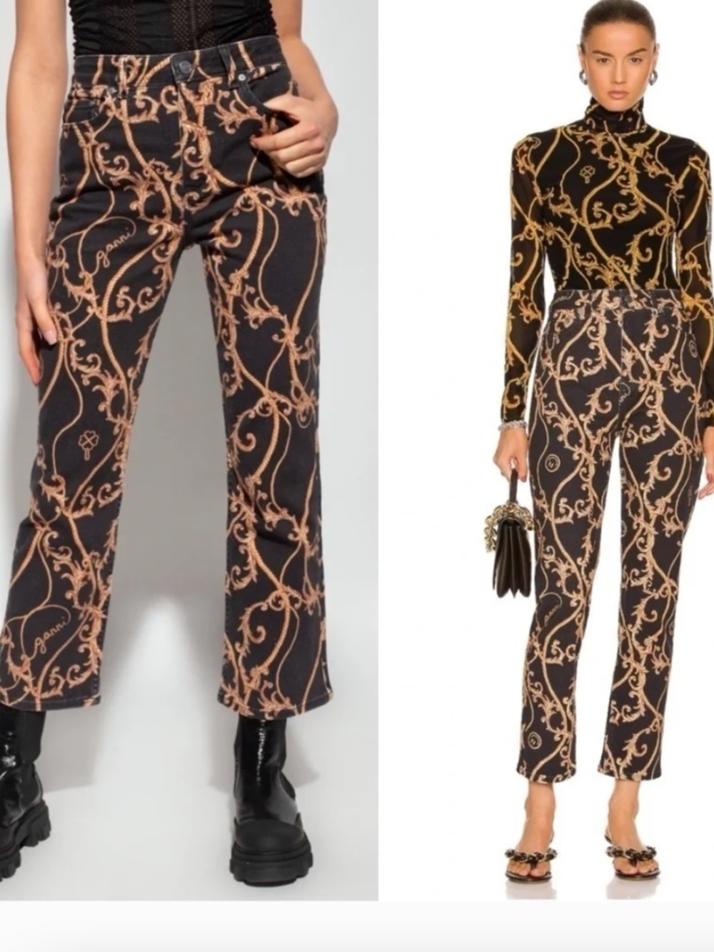 GANNI‎ Baroque Logo Print Denim High Rise Betzy Cropped Black/Gold Jeans Sz 24